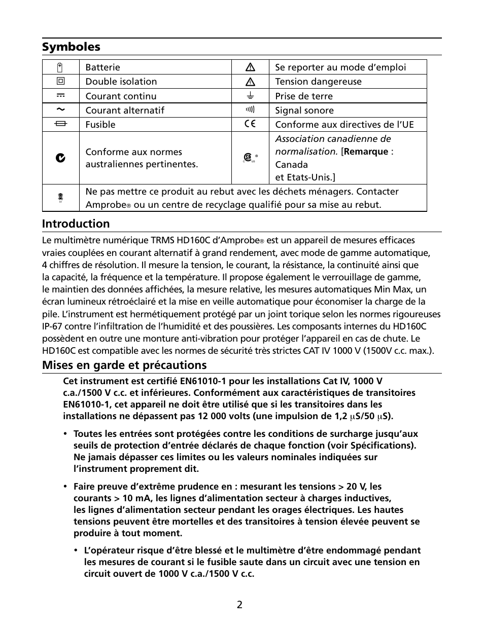 Symboles, Introduction, Mises en garde et précautions | Amprobe HD160C Digital-Multimeter User Manual | Page 32 / 148