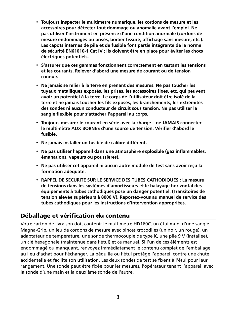 Déballage et vérification du contenu | Amprobe HD160C Digital-Multimeter User Manual | Page 33 / 148