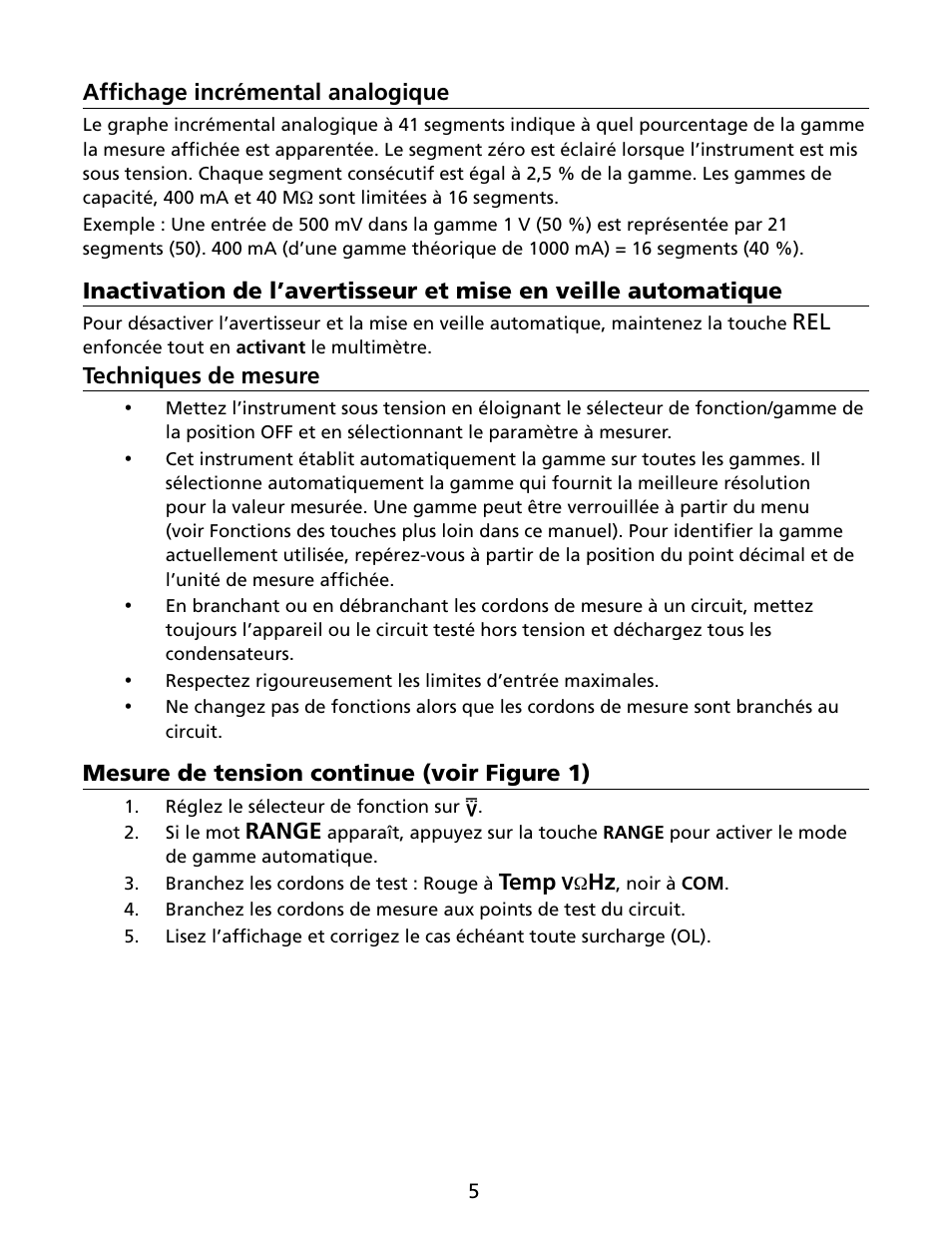 Affichage incrémental analogique, Techniques de mesure, Mesure de tension continue (voir figure 1) | Range, Temp | Amprobe HD160C Digital-Multimeter User Manual | Page 35 / 148