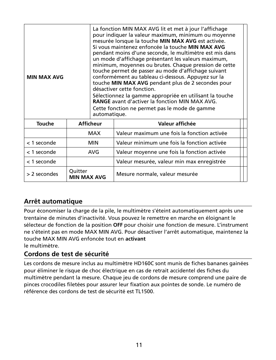 Arrêt automatique, Cordons de test de sécurité | Amprobe HD160C Digital-Multimeter User Manual | Page 41 / 148