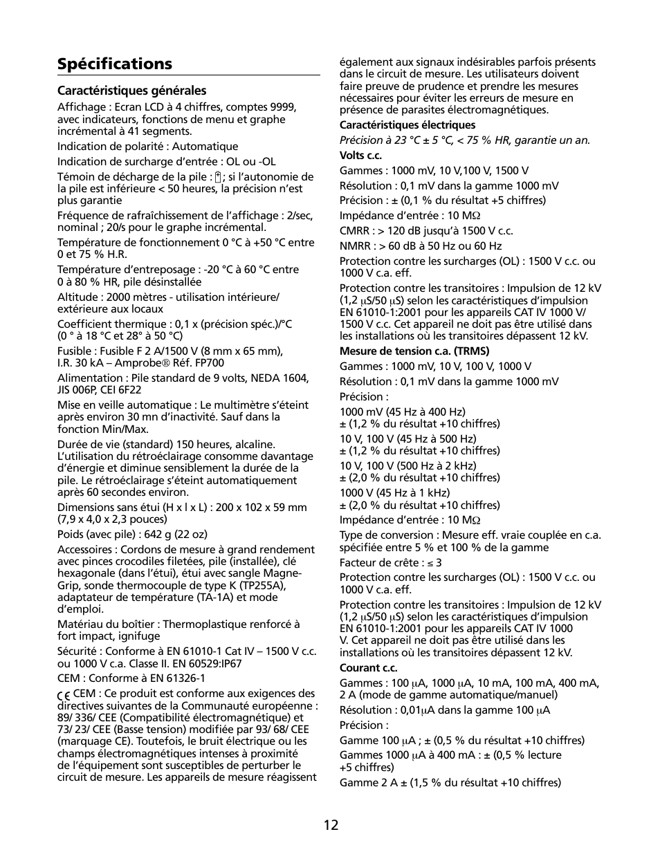 Spécifications | Amprobe HD160C Digital-Multimeter User Manual | Page 42 / 148