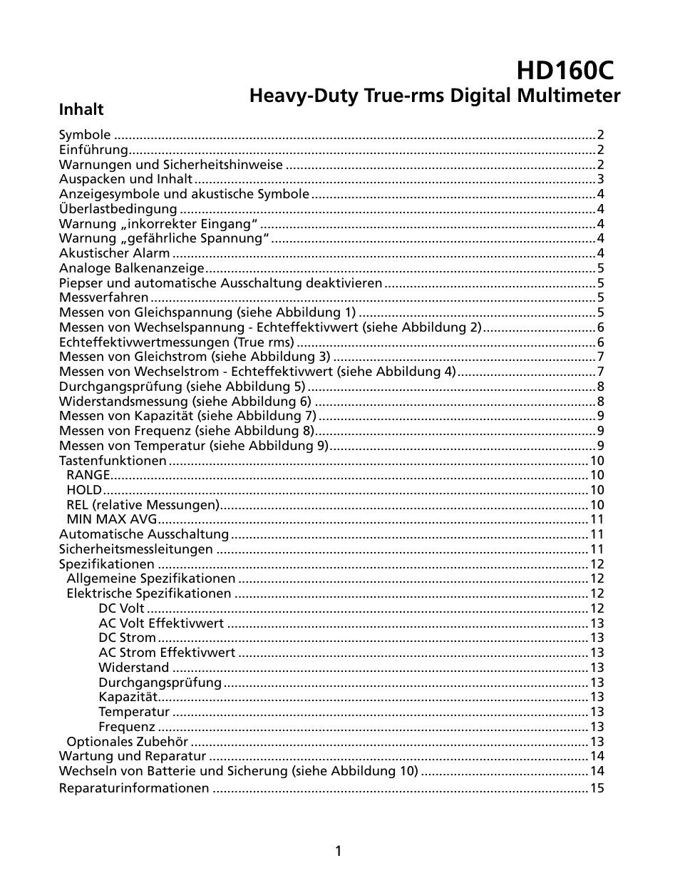 Hd160c, Heavy-duty true-rms digital multimeter, Inhalt | Amprobe HD160C Digital-Multimeter User Manual | Page 55 / 148