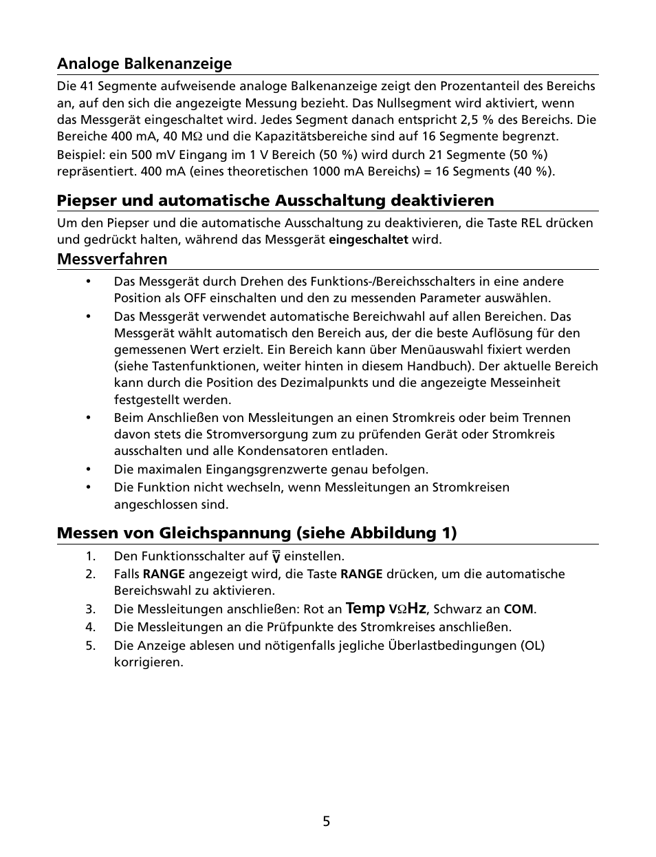 Analoge balkenanzeige, Piepser und automatische ausschaltung deaktivieren, Messverfahren | Messen von gleichspannung (siehe abbildung 1), Temp | Amprobe HD160C Digital-Multimeter User Manual | Page 59 / 148