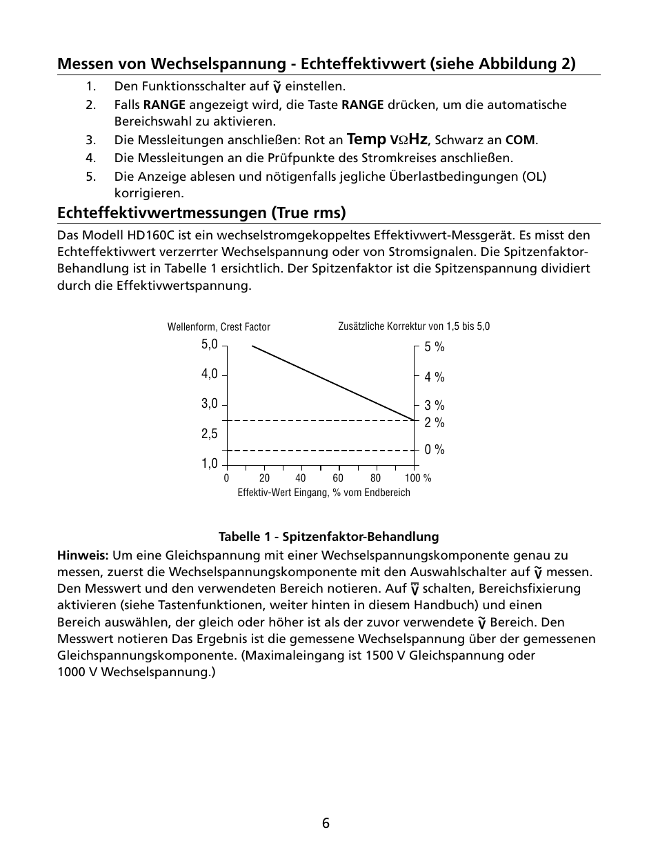 Temp, Echteffektivwertmessungen (true rms) | Amprobe HD160C Digital-Multimeter User Manual | Page 60 / 148