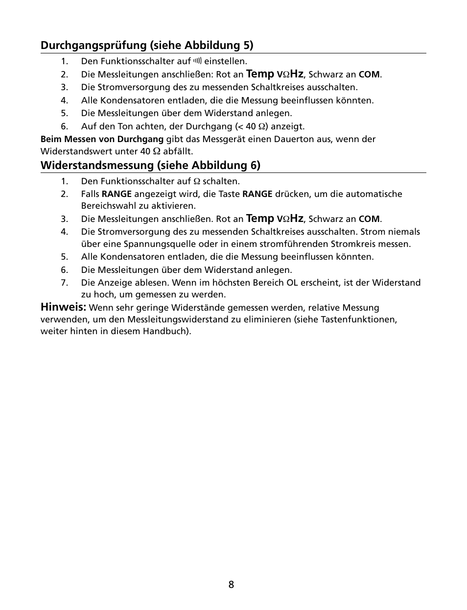 Durchgangsprüfung (siehe abbildung 5), Temp, Widerstandsmessung (siehe abbildung 6) | Hinweis | Amprobe HD160C Digital-Multimeter User Manual | Page 62 / 148