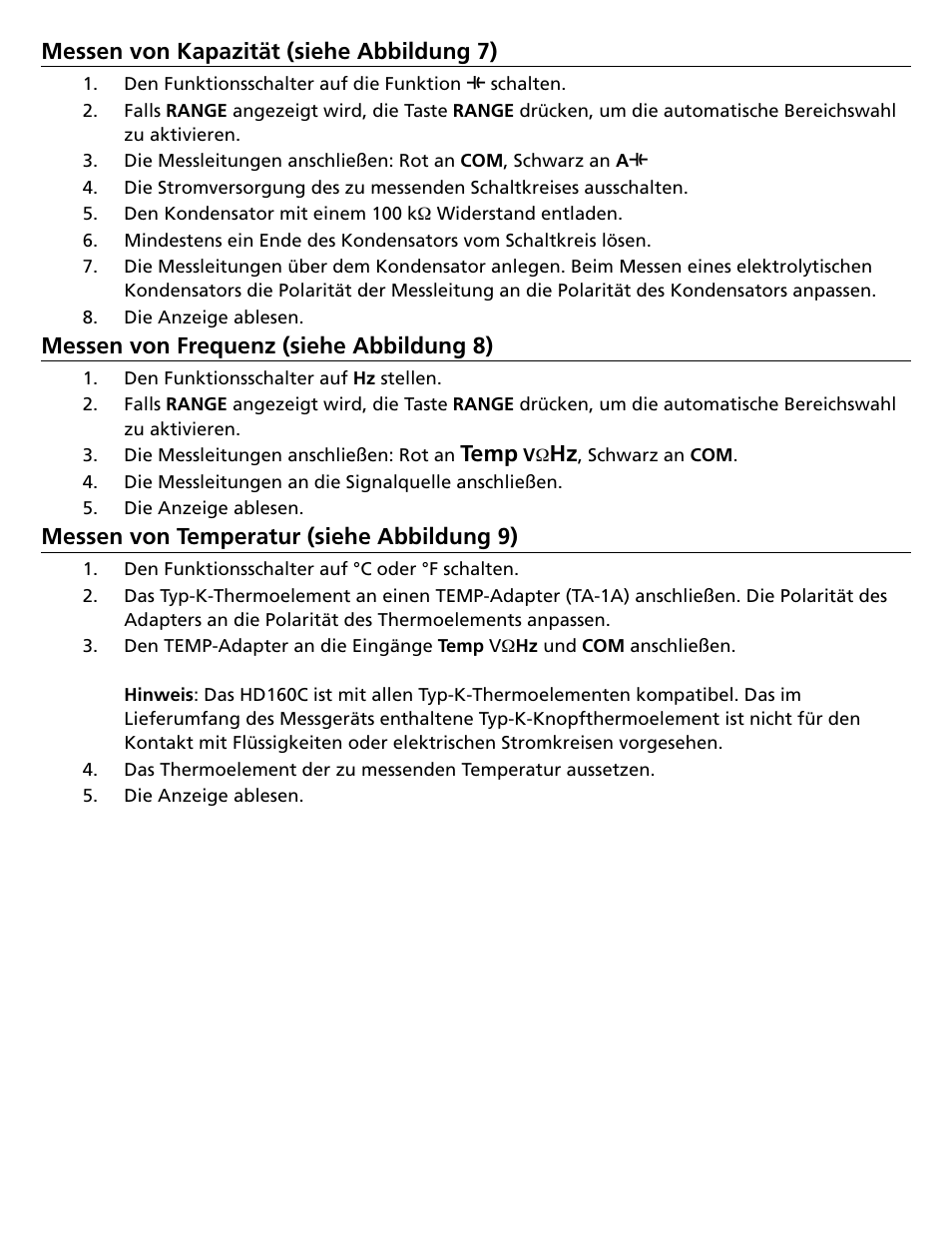 Messen von kapazität (siehe abbildung 7), Messen von frequenz (siehe abbildung 8), Temp | Messen von temperatur (siehe abbildung 9) | Amprobe HD160C Digital-Multimeter User Manual | Page 63 / 148