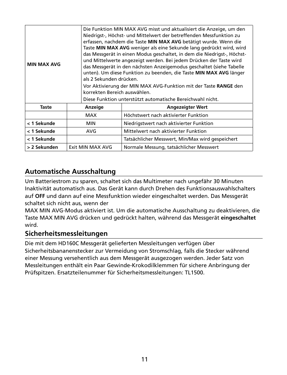 Automatische ausschaltung, Sicherheitsmessleitungen | Amprobe HD160C Digital-Multimeter User Manual | Page 65 / 148