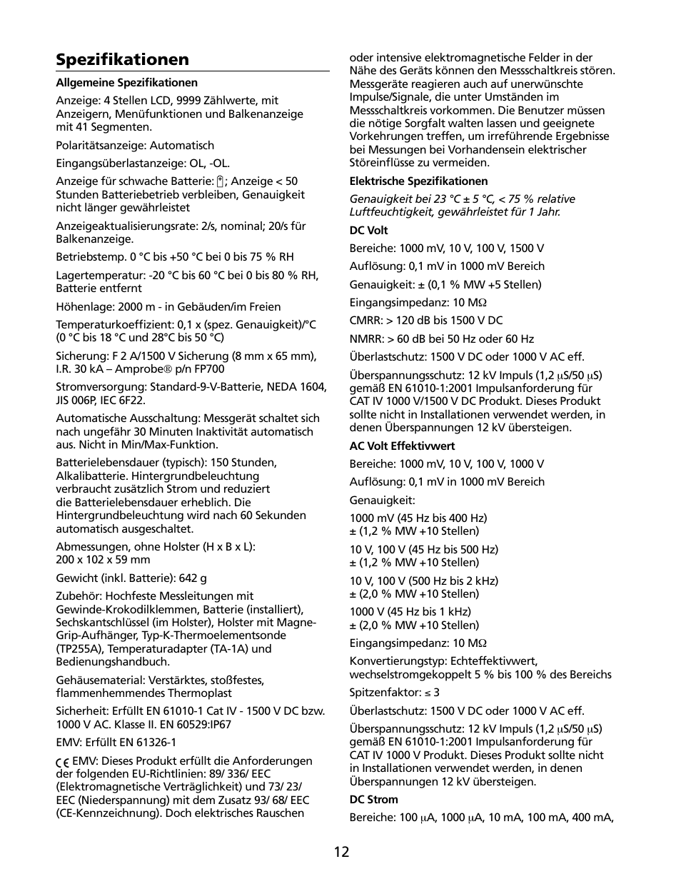 Spezifikationen | Amprobe HD160C Digital-Multimeter User Manual | Page 66 / 148