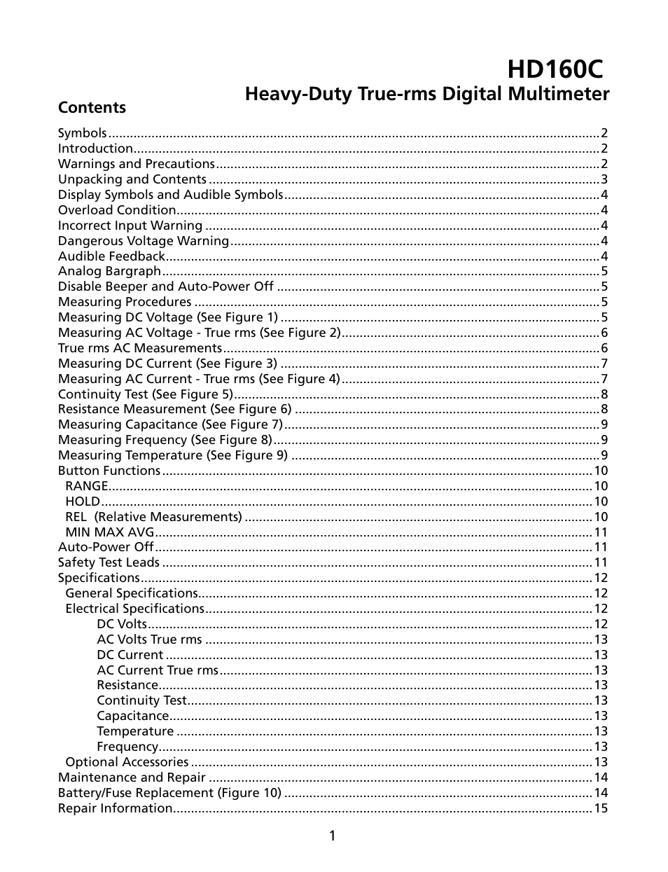 Hd160c, Heavy-duty true-rms digital multimeter | Amprobe HD160C Digital-Multimeter User Manual | Page 7 / 148