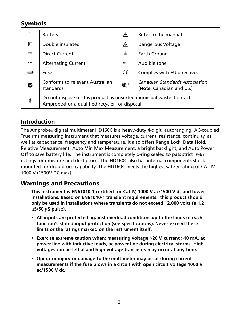 Symbols, Introduction, Warnings and precautions | Amprobe HD160C Digital-Multimeter User Manual | Page 8 / 148