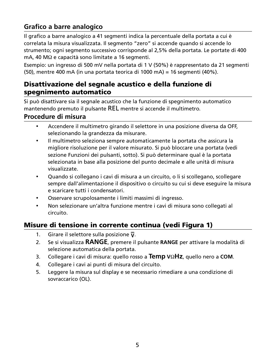 Grafico a barre analogico, Procedure di misura, Range | Temp | Amprobe HD160C Digital-Multimeter User Manual | Page 83 / 148