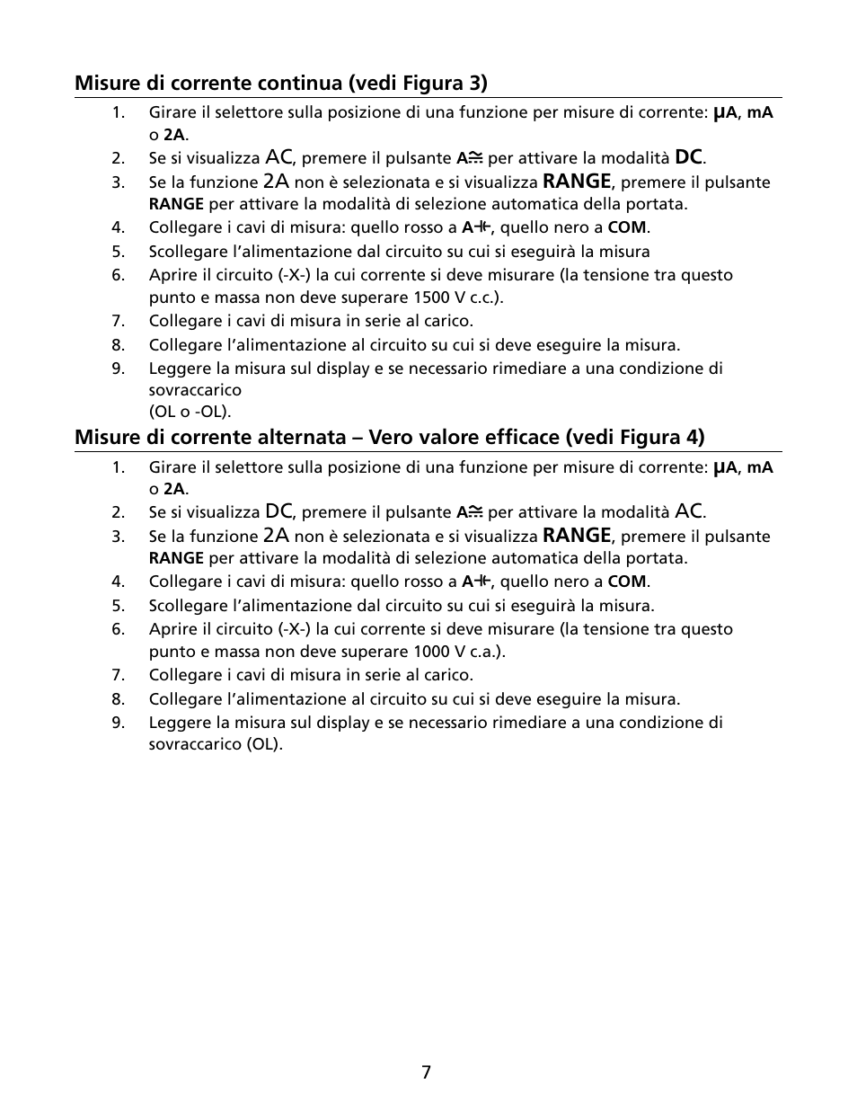 Misure di corrente continua (vedi figura 3), Range | Amprobe HD160C Digital-Multimeter User Manual | Page 85 / 148