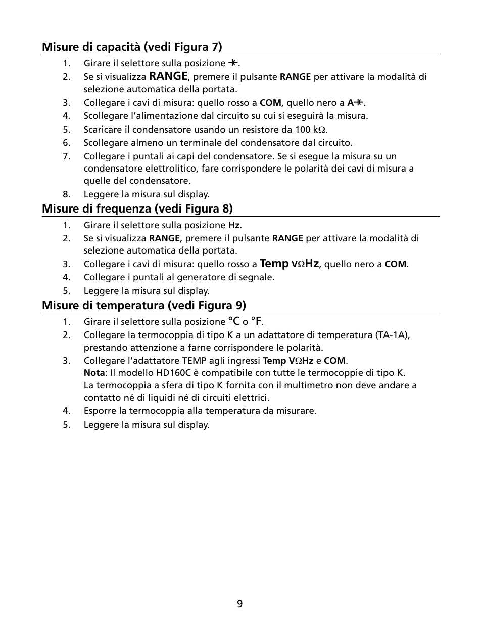 Misure di capacità (vedi figura 7), Range, Misure di frequenza (vedi figura 8) | Temp, Misure di temperatura (vedi figura 9) | Amprobe HD160C Digital-Multimeter User Manual | Page 87 / 148