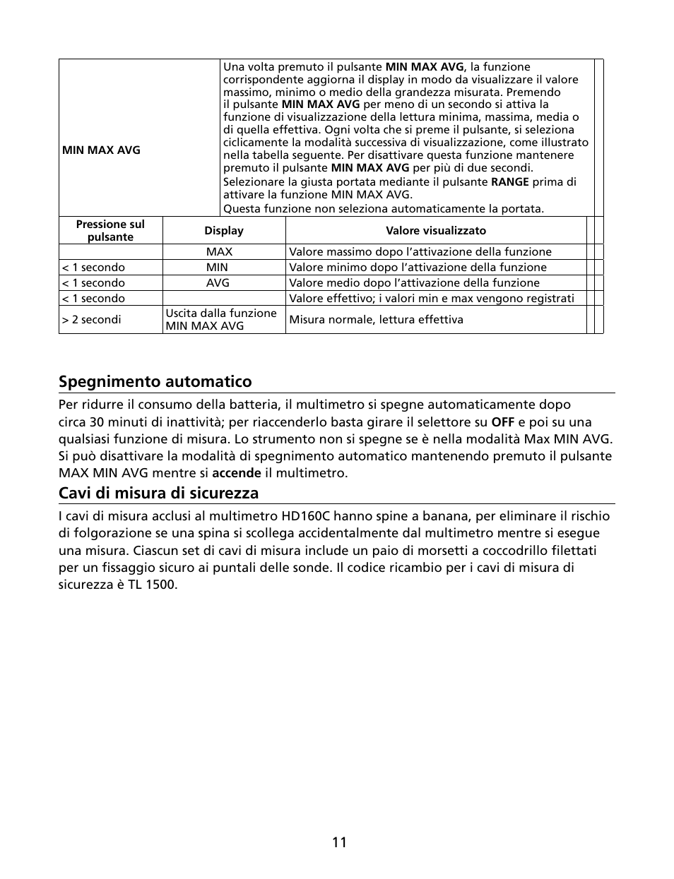 Spegnimento automatico, Cavi di misura di sicurezza | Amprobe HD160C Digital-Multimeter User Manual | Page 89 / 148