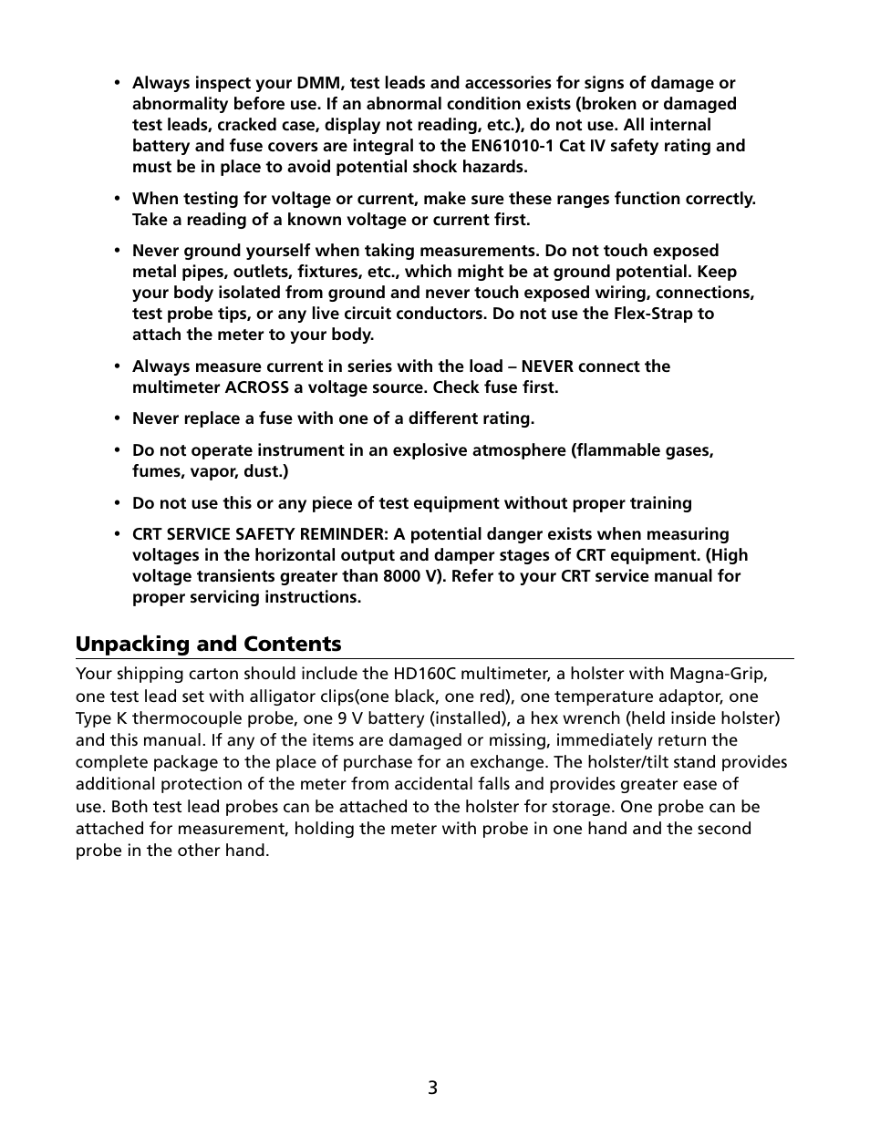 Unpacking and contents | Amprobe HD160C Digital-Multimeter User Manual | Page 9 / 148