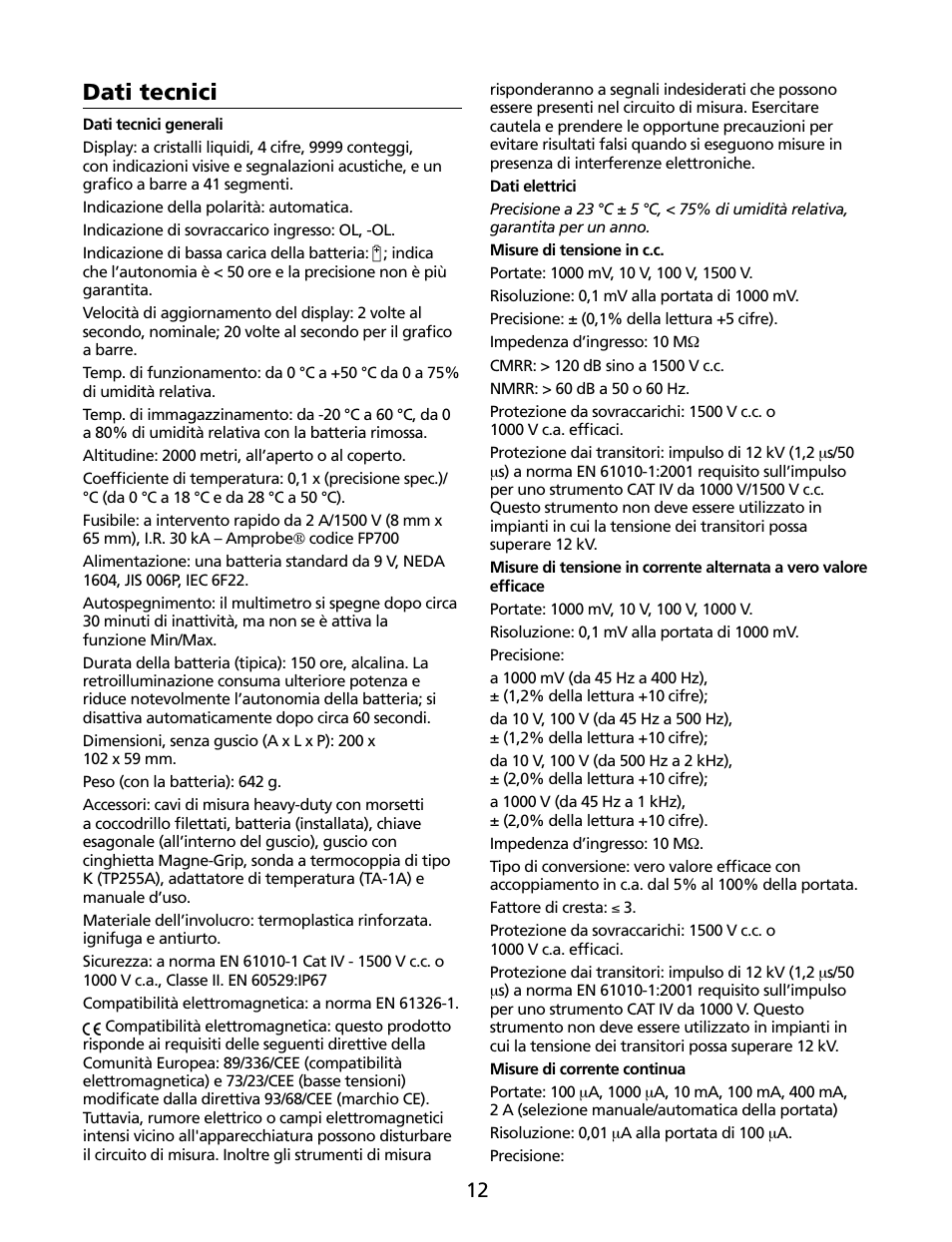 Dati tecnici | Amprobe HD160C Digital-Multimeter User Manual | Page 90 / 148