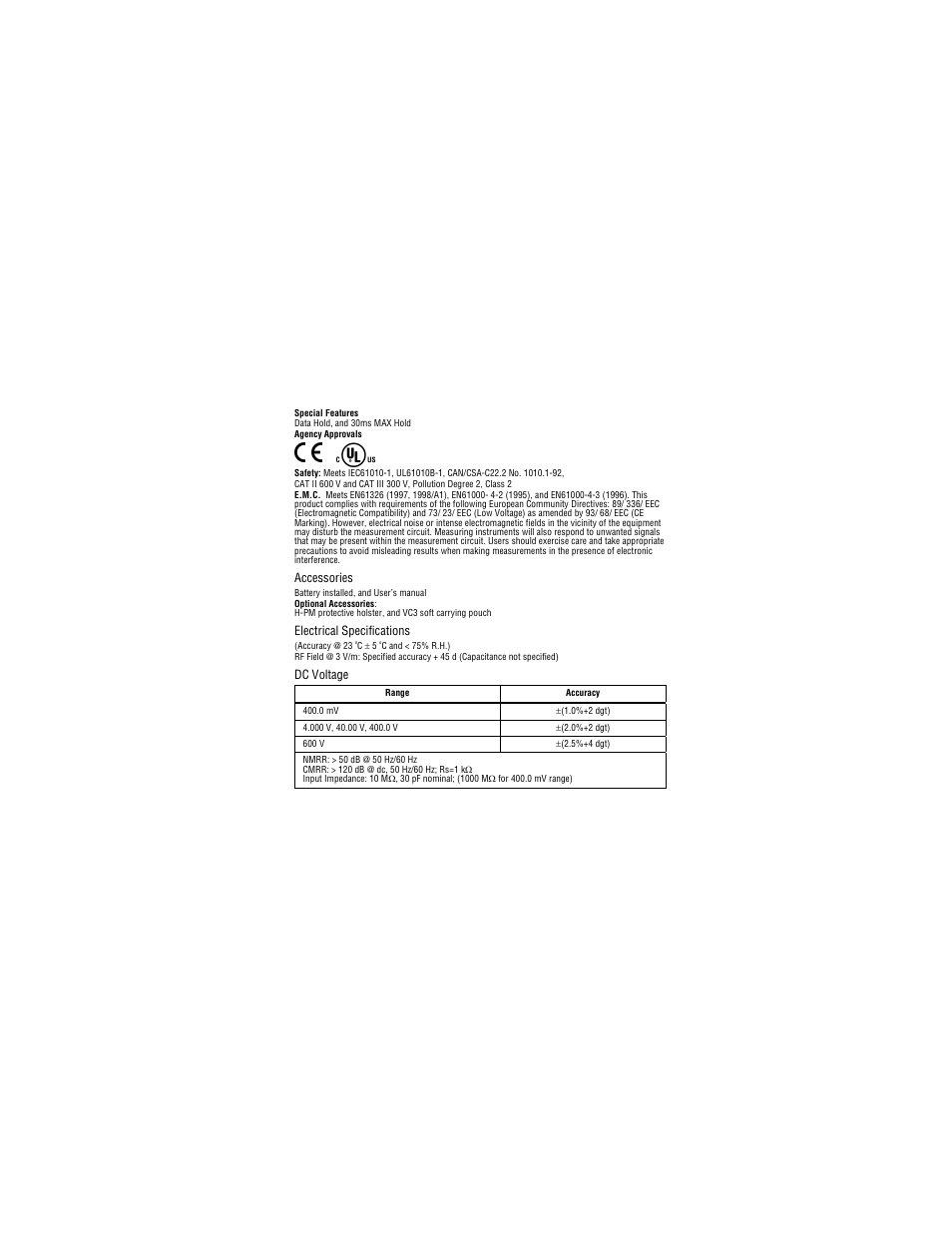 Accessories, Electrical specifications, Dc voltage | Amprobe PM51A Pocket-Multimeter User Manual | Page 11 / 70