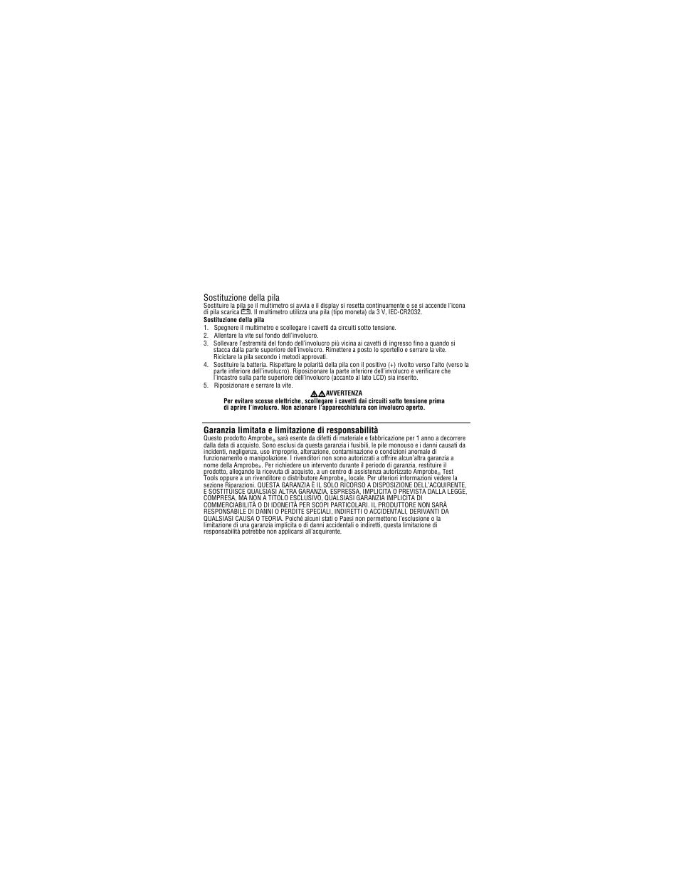 Sostituzione della pila, Garanzia limitata e limitazione di responsabilità | Amprobe PM51A Pocket-Multimeter User Manual | Page 50 / 70
