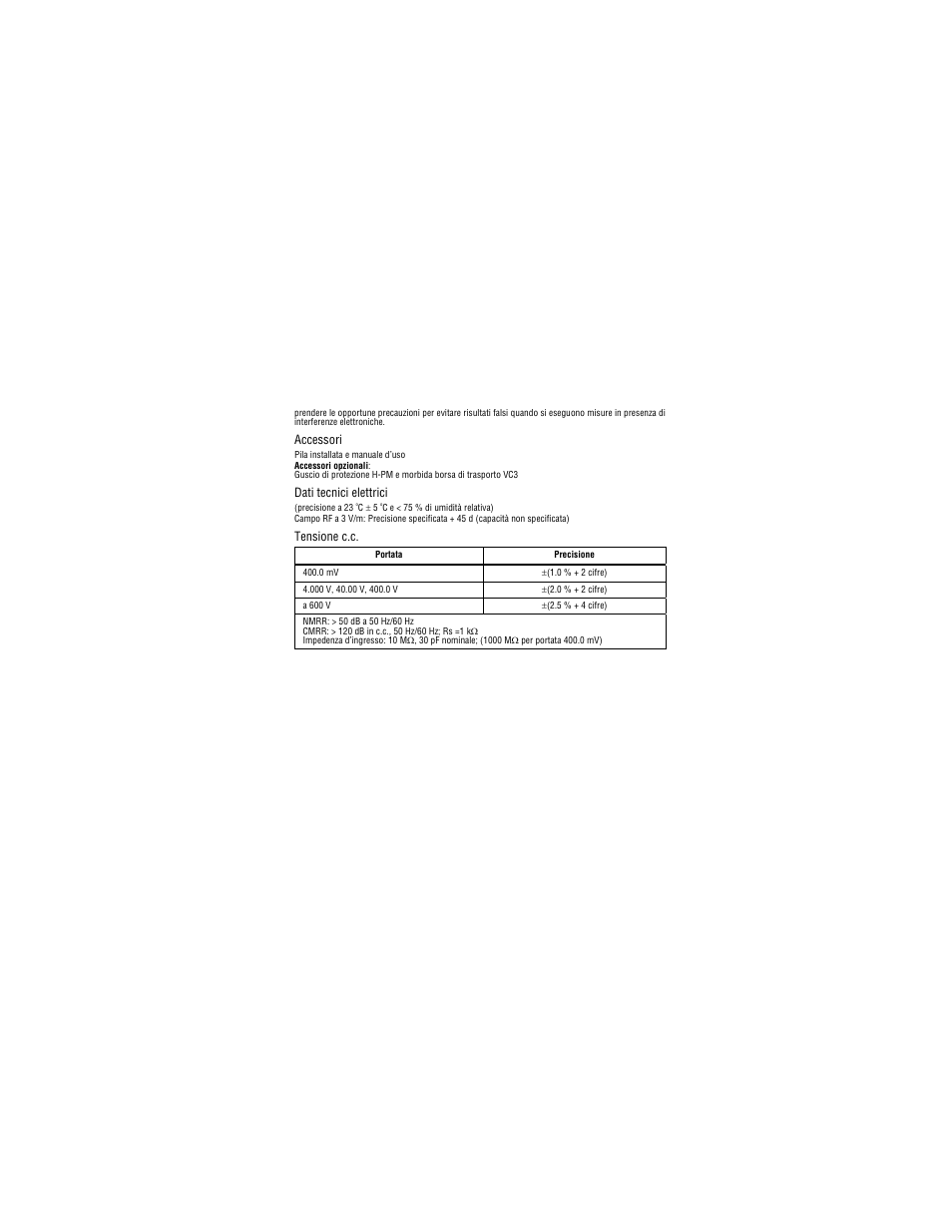 Accessori, Dati tecnici elettrici, Tensione c.c | Amprobe PM51A Pocket-Multimeter User Manual | Page 53 / 70