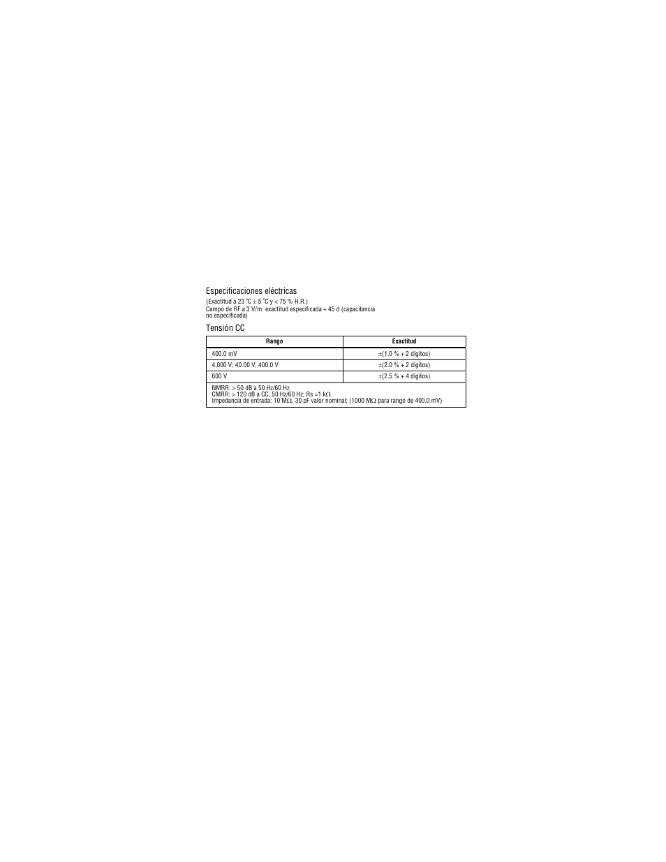 Especificaciones eléctricas, Tensión cc | Amprobe PM51A Pocket-Multimeter User Manual | Page 67 / 70