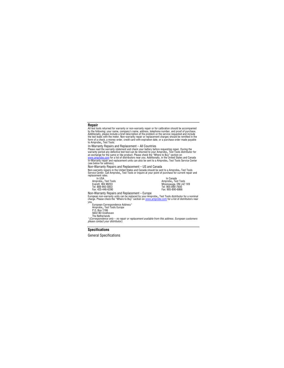 Repair, Specifications general specifications | Amprobe PM51A Pocket-Multimeter User Manual | Page 9 / 70