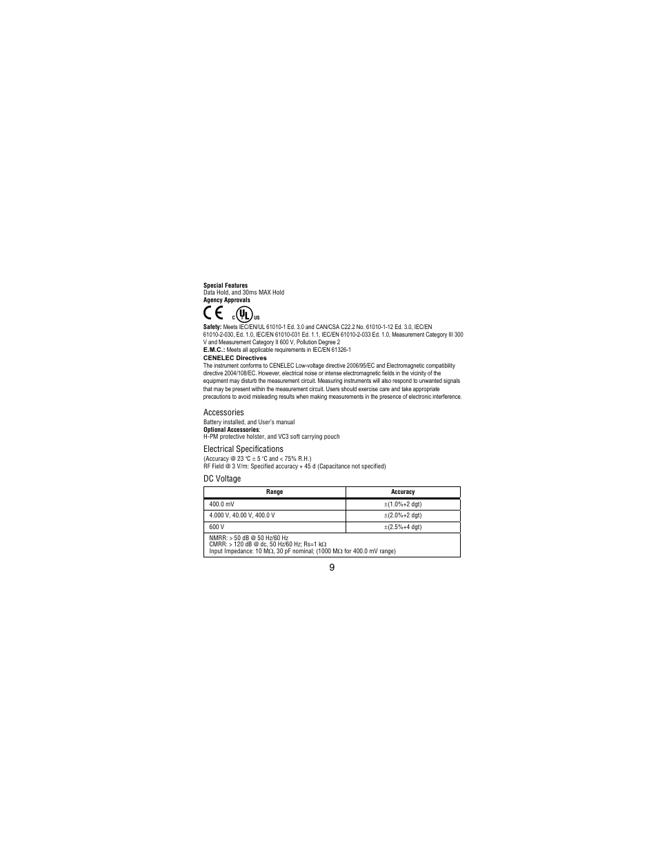 Accessories, Electrical specifications, Dc voltage | Amprobe PM51A User Manual | Page 11 / 70