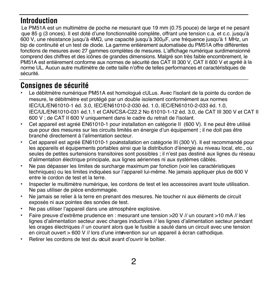Introduction, Consignes de sécurité | Amprobe PM51A User Manual | Page 18 / 70