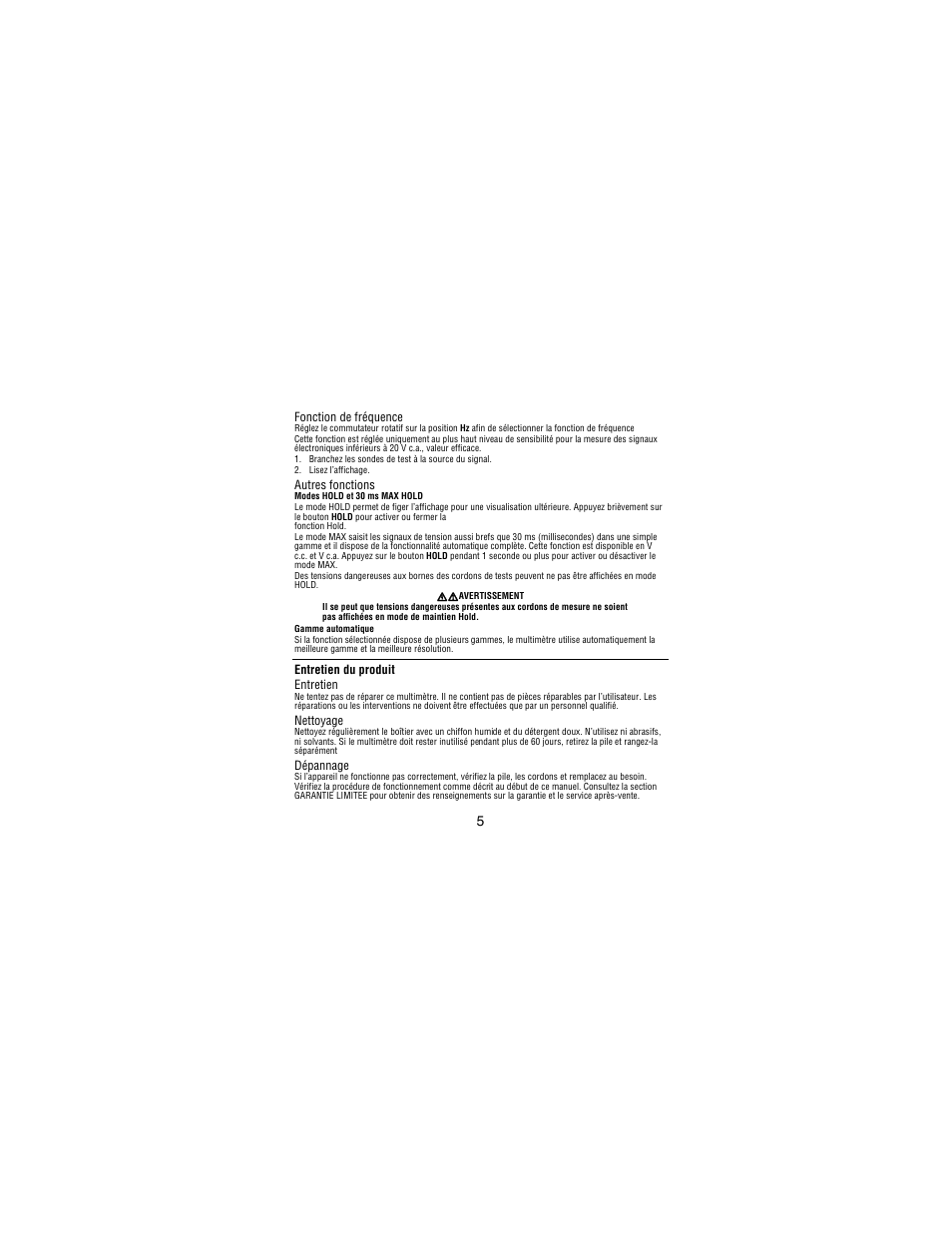 Fonction de fréquence, Autres fonctions, Entretien du produit entretien | Nettoyage, Dépannage | Amprobe PM51A User Manual | Page 21 / 70