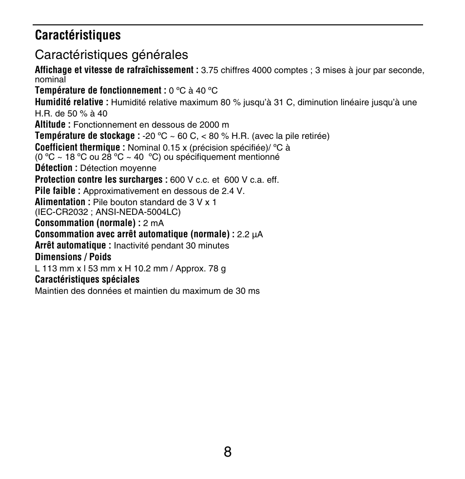 Caractéristiques caractéristiques générales | Amprobe PM51A User Manual | Page 24 / 70