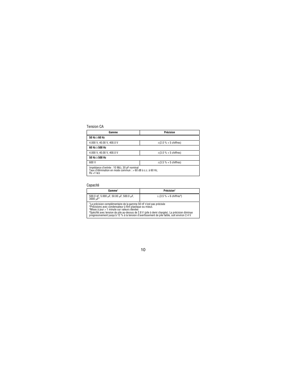 Tension ca, Capacité | Amprobe PM51A User Manual | Page 26 / 70