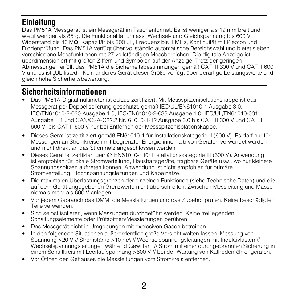 Einleitung, Sicherheitsinformationen | Amprobe PM51A User Manual | Page 32 / 70