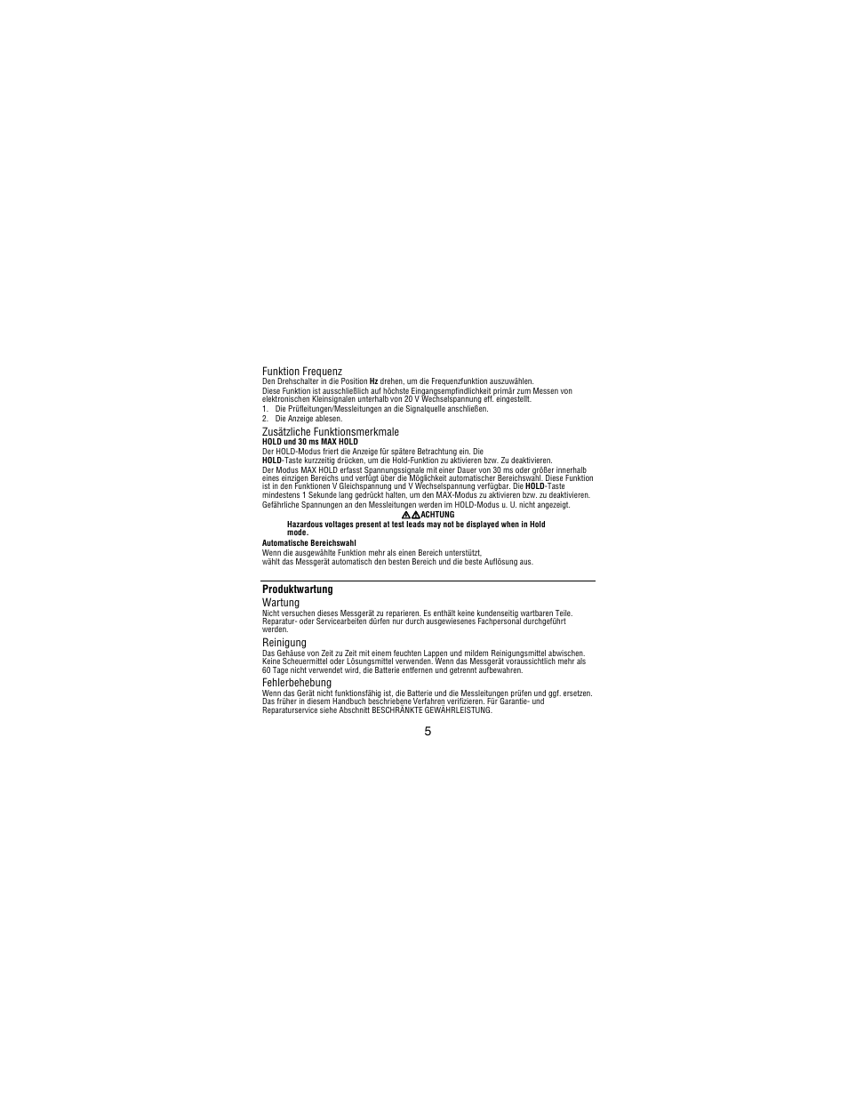 Funktion frequenz, Zusätzliche funktionsmerkmale, Produktwartung wartung | Reinigung, Fehlerbehebung | Amprobe PM51A User Manual | Page 35 / 70