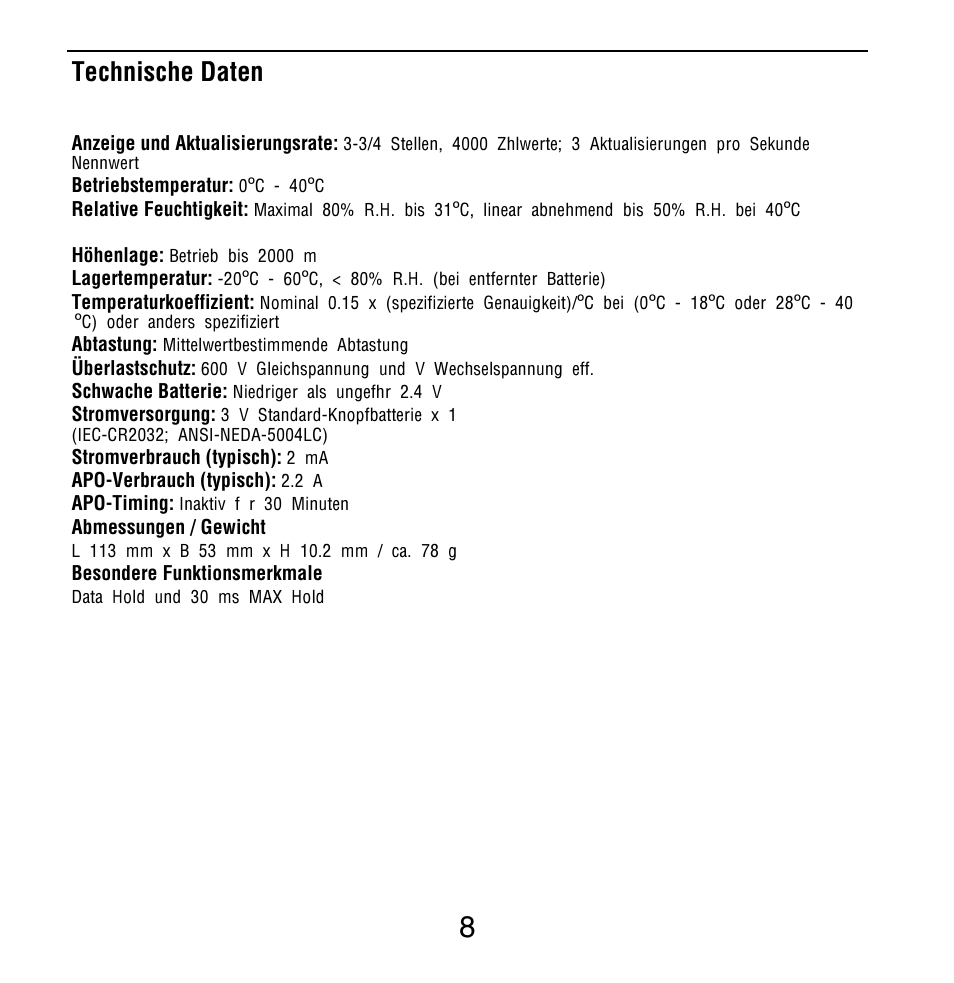 Technische daten allgemeine spezifikationen | Amprobe PM51A User Manual | Page 38 / 70