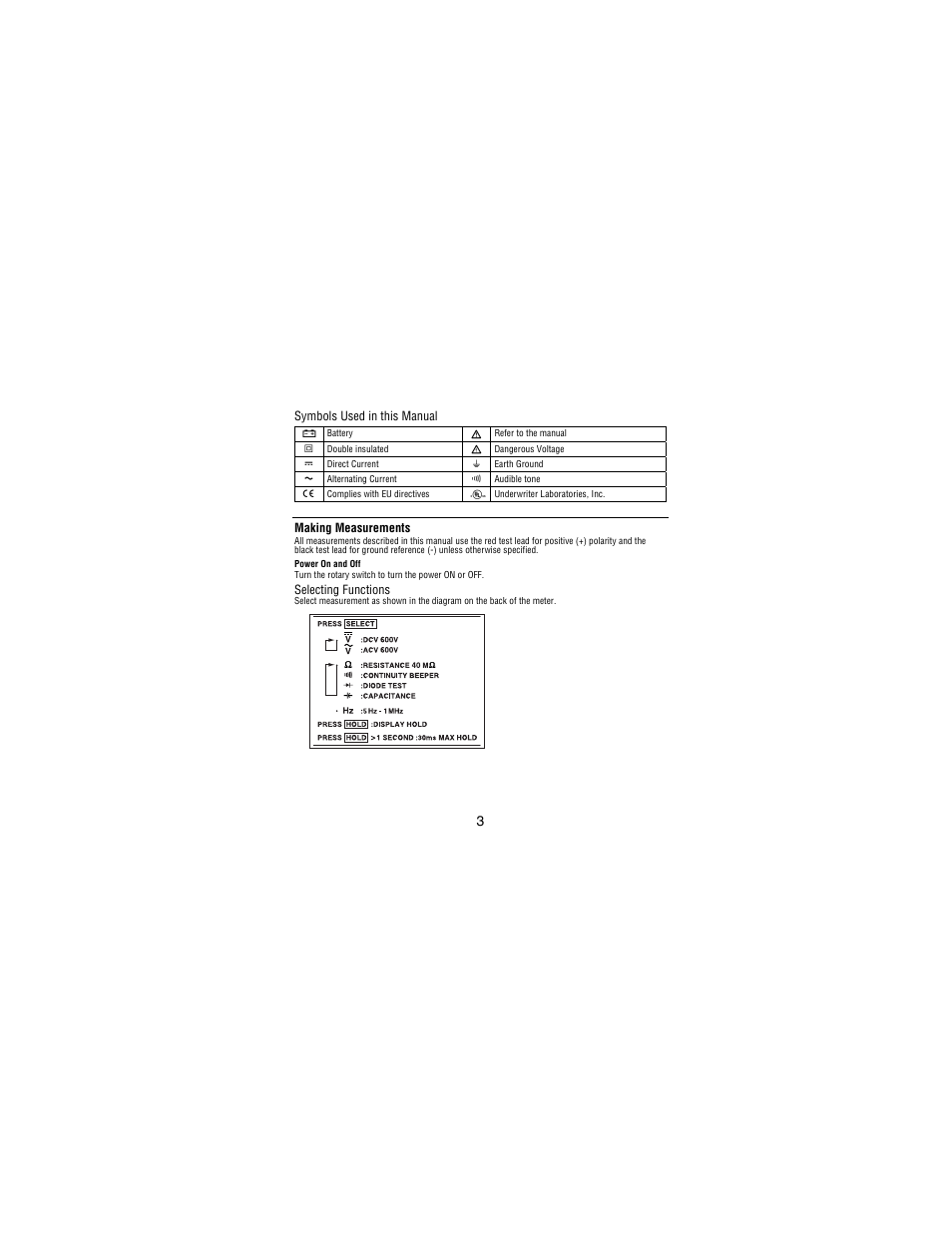 Symbols used in this manual, Making measurements, Selecting functions | Amprobe PM51A User Manual | Page 5 / 70
