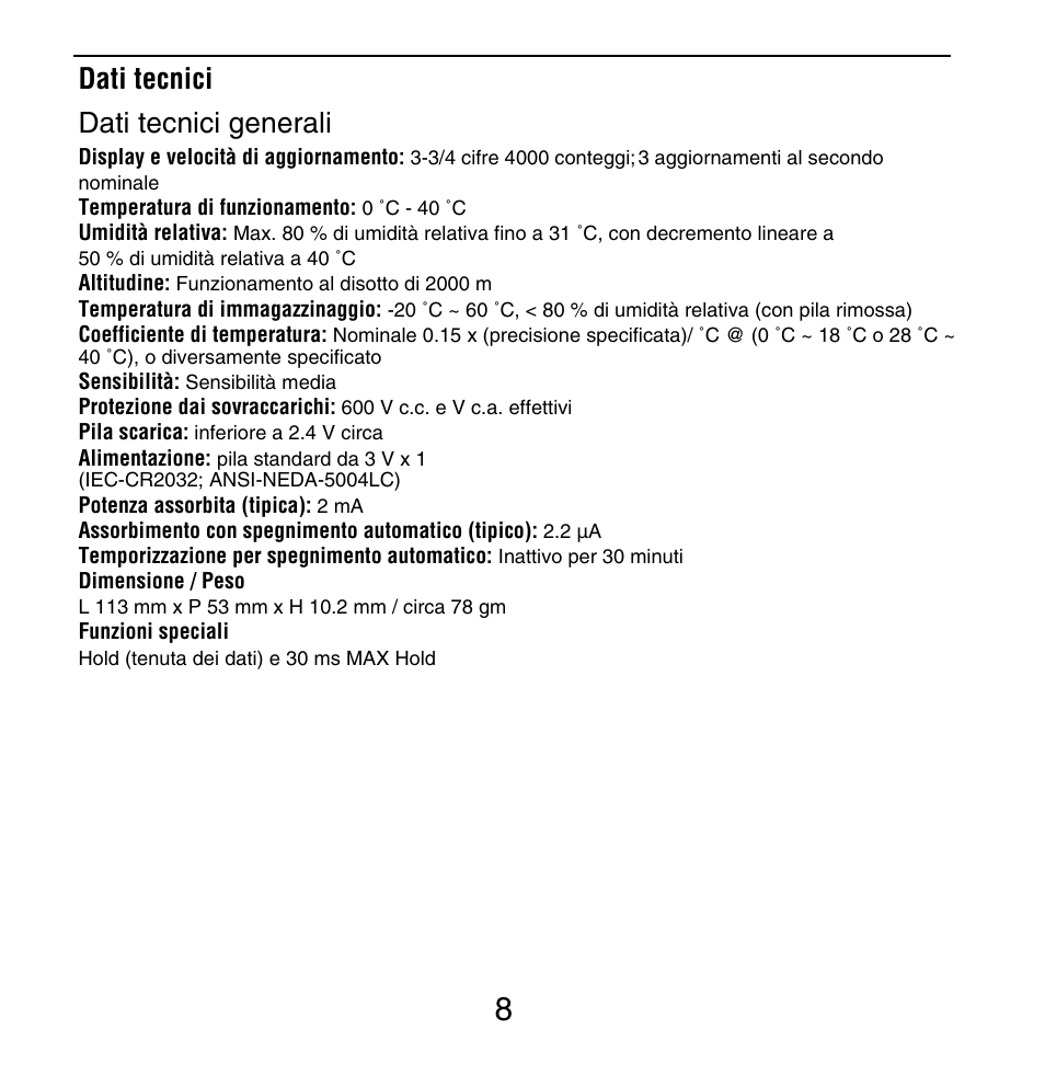 Dati tecnici dati tecnici generali | Amprobe PM51A User Manual | Page 52 / 70