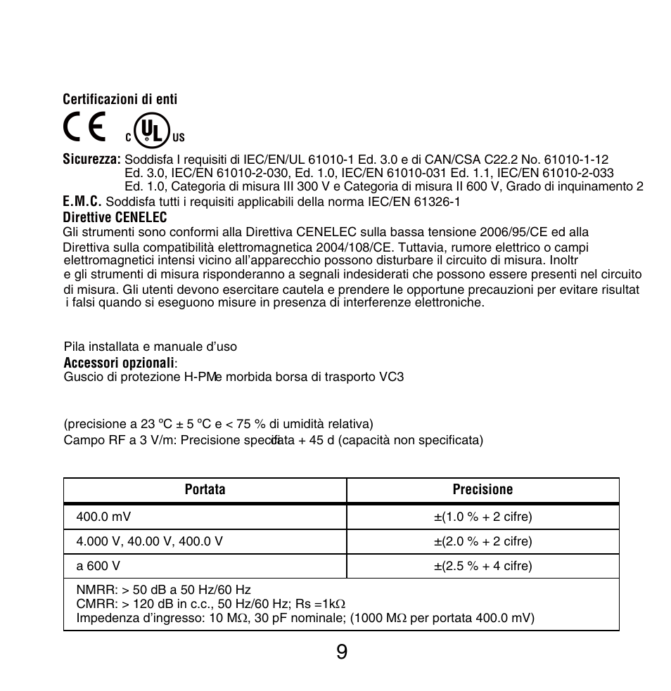Accessori, Dati tecnici elettrici, Tensione c.c | Amprobe PM51A User Manual | Page 53 / 70