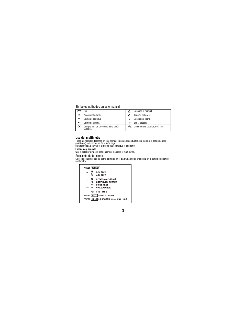Símbolos utilizados en este manual, Uso del multímetro, Selección de funciones | Amprobe PM51A User Manual | Page 61 / 70