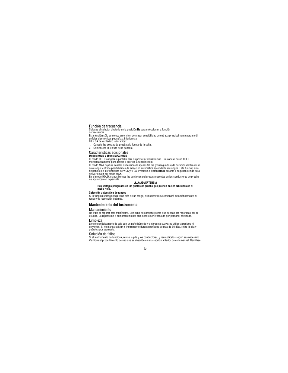 Función de frecuencia, Características adicionales, Mantenimiento del instrumento mantenimiento | Limpieza, Solución de fallos | Amprobe PM51A User Manual | Page 63 / 70