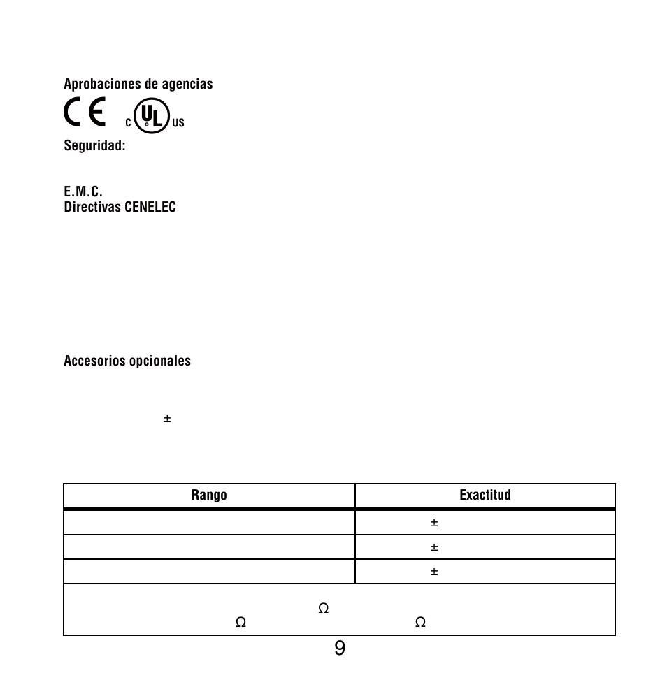 Especificaciones eléctricas, Tensión cc, Accesorios | Amprobe PM51A User Manual | Page 67 / 70