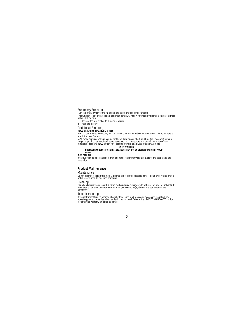 Frequency function, Additional features, Product maintenance maintenance | Cleaning, Troubleshooting | Amprobe PM51A User Manual | Page 7 / 70