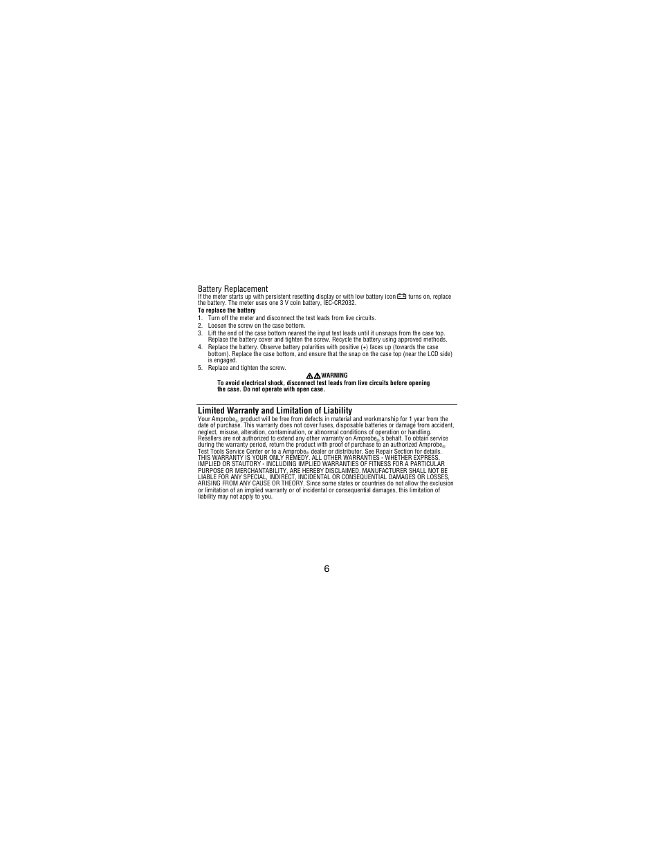 Battery replacement, Limited warranty and limitation of liability | Amprobe PM51A User Manual | Page 8 / 70