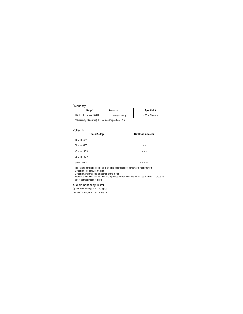 Frequency, Voltect, Audible continuity tester | Amprobe PM53A Automatic-Pocket-Meter User Manual | Page 16 / 80
