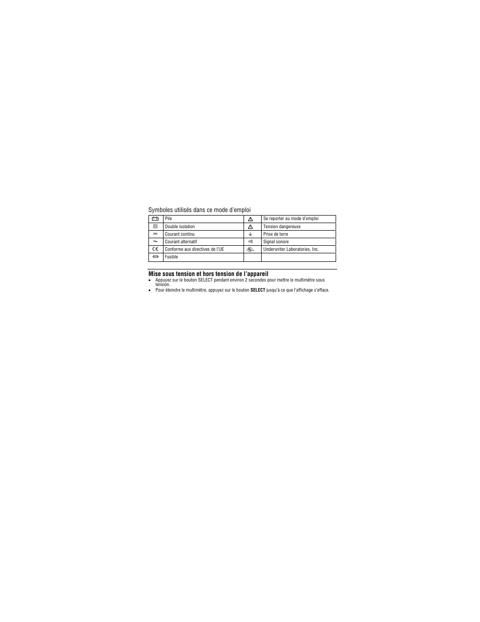 Symboles utilisés dans ce mode d’emploi, Mise sous tension et hors tension de l’appareil | Amprobe PM53A Automatic-Pocket-Meter User Manual | Page 21 / 80