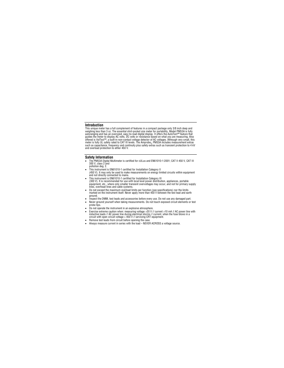 Introduction, Safety information | Amprobe PM53A Automatic-Pocket-Meter User Manual | Page 4 / 80