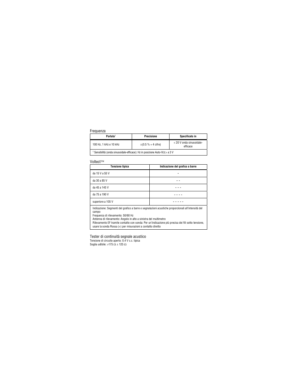 Frequenza, Voltect, Tester di continuità segnale acustico | Amprobe PM53A Automatic-Pocket-Meter User Manual | Page 64 / 80