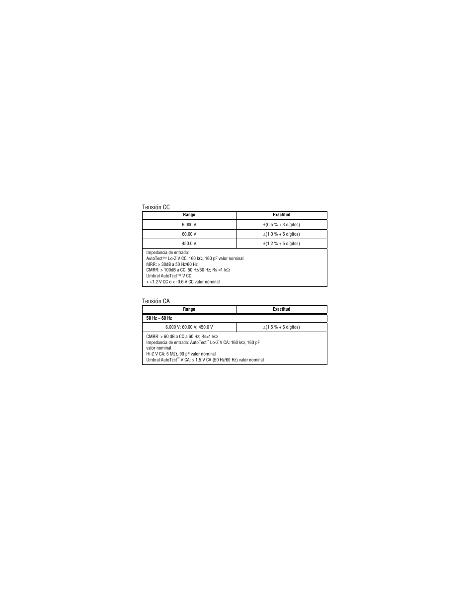 Tensión cc, Tensión ca | Amprobe PM53A Automatic-Pocket-Meter User Manual | Page 78 / 80