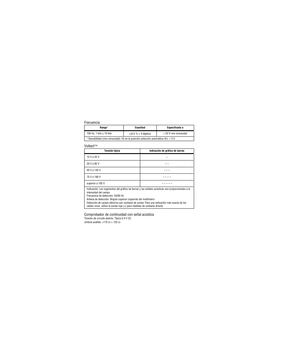 Frecuencia, Voltect, Comprobador de continuidad con señal acústica | Amprobe PM53A Automatic-Pocket-Meter User Manual | Page 80 / 80