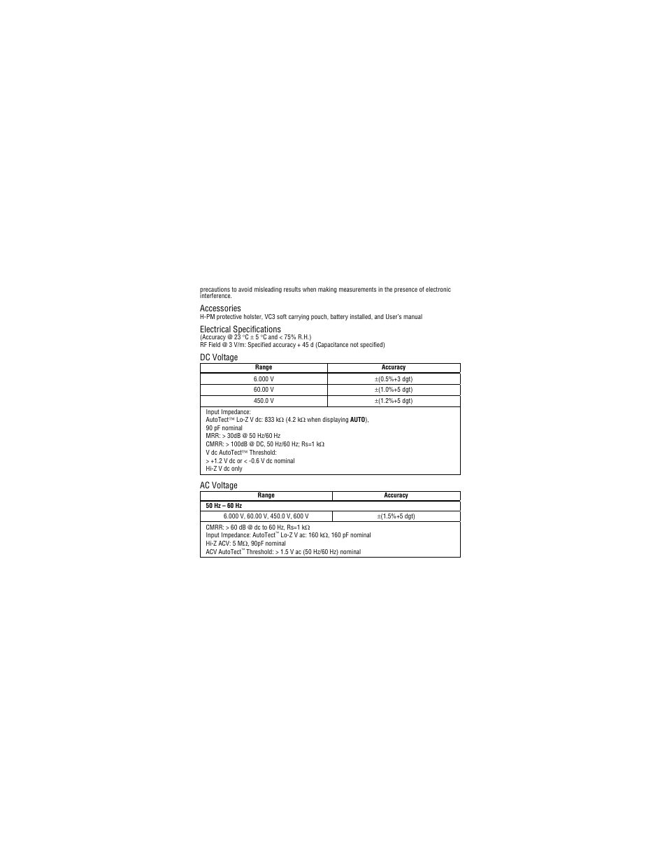 Accessories, Electrical specifications, Dc voltage | Ac voltage | Amprobe PM55A Automatic-Precision-Pocket-Meter User Manual | Page 14 / 80