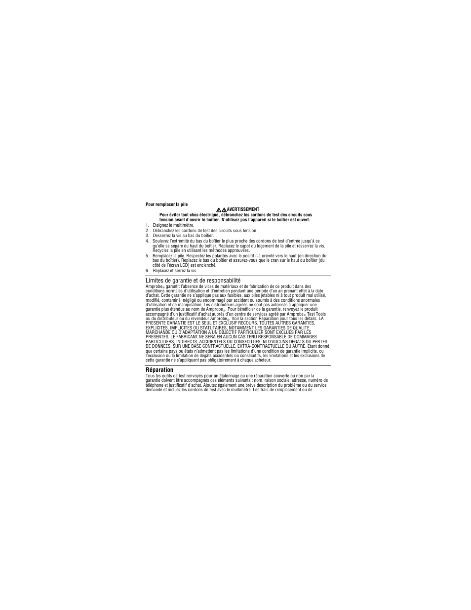 Limites de garantie et de responsabilité, Réparation | Amprobe PM55A Automatic-Precision-Pocket-Meter User Manual | Page 27 / 80