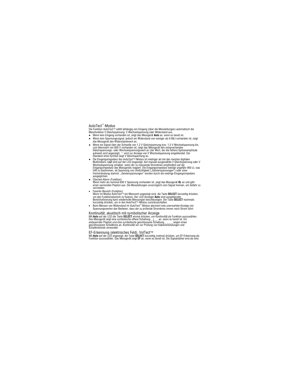 Autotect, Modus, Kontinuität, akustisch mit symbolischer anzeige | Ef-erkennung (elektrisches feld), voltect | Amprobe PM55A Automatic-Precision-Pocket-Meter User Manual | Page 39 / 80